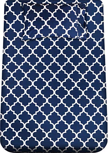 Utopia Bedding Printed Twin XL Sheet Set - 1 Fitted Sheet, 1 Flat Sheet and 1 Pillowcase - Soft Brushed Microfiber Fabric - Shrinkage and Fade Resistant (Twin XL, Navy Quatrefoil with White Pattern)