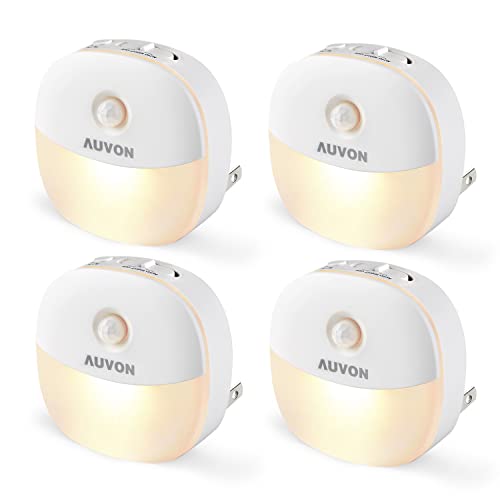 AUVON Plug in Night Light with Motion Sensor and Dusk to Dawn Sensor, Mini Warm White LED Nightlight with 1-50 lm Adjustable Brightness for Bathroom, Hallway, Stairs, Bedroom, Kitchen (4 Pack) A-Warm White