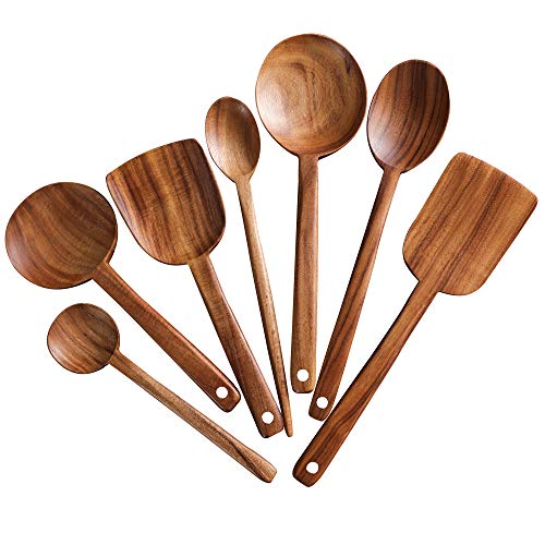 7pcs Long Handle Wooden Cooking Utensil Set Non-stick Pan Kitchen Tool,NAYAHOSE Wooden Cooking Spoons and Spatulas by UBae (7pcs Set)