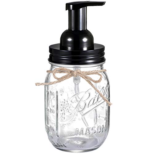 Book Cover Andrew & Sarah Mason Jar Foaming Soap Dispenser - with 16 Ounce Ball Mason Jar for Bathroom Vanities,Kitchen Sink,Countertops - Made from Rust Proof Stainless Steel Lid and BPA Free Pump/Black,1 Pack