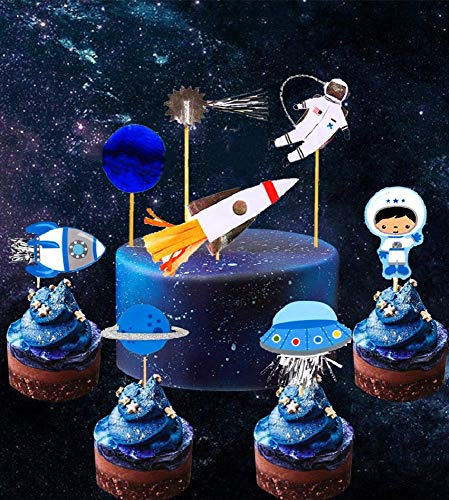 Book Cover 28 PCS JeVenis Space Astronaut Cupcake Toppers Rocket Cake Decorations Earth Cupcake Toppers for Space Theme Party Kids planets Birthday Party Stars Baby Shower