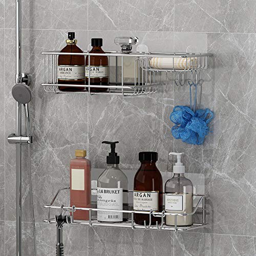 Adhesive Bathroom Shelf Organizer Shower Caddy Kitchen Storage Rack Wall Mounted No Drilling SUS304 Stainless Steel - 2 PACK