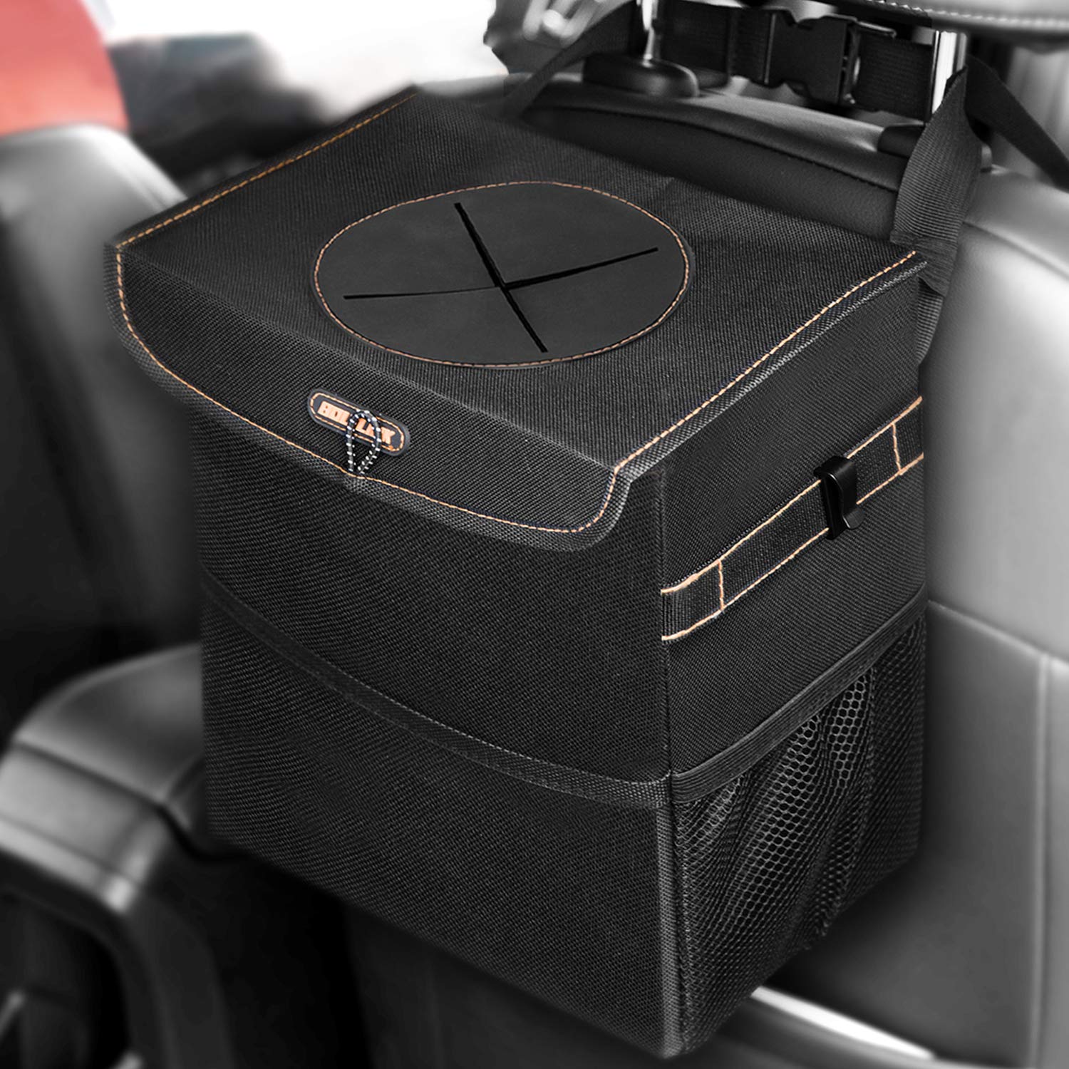 BOLTLINK Car Trash Can with Lid, Car Trash Bag Hanging for Headrest with 3 Storage Pockets, Portable Car Accessories Organizer for Women,with Leak-Proof Vinyl Inside Lining