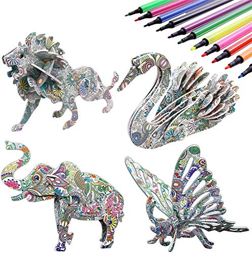 DDMY 4 Pack 3D Coloring Puzzle Set, Art Coloring Painting Puzzle for Kids Age 7 8 9 10 11 12, Fun Creative DIY Toys for Girls Boys