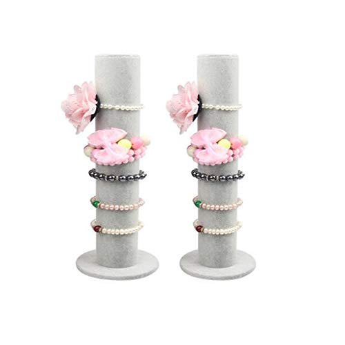 Glitterymall 2 Pack Gray Velvet Jewelry Bracelet Watch Display Stand Bangle T-Bar Hairband Rack Holder Organizer Tower