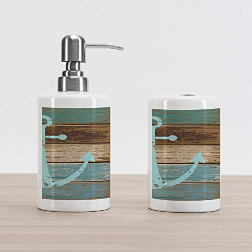 Book Cover Ambesonne Anchor Soap Dispenser and Toothbrush Holder Set, Timeworn Marine on Weathered Wooden Planks Rustic Nautical Theme, Ceramic Bathroom Accessories, 4.5