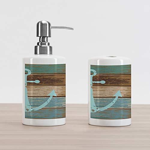 Ambesonne Anchor Soap Dispenser and Toothbrush Holder Set, Timeworn Marine on Weathered Wooden Planks Rustic Nautical Theme, Ceramic Bathroom Accessories, 4.5" X 2.7", Brown Teal