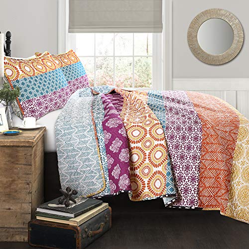 Lush DÃ©cor Fuchsia & Orange Lush Decor Bohemian Striped Quilt Reversible 3 Piece Colorful Boho Design Bedding Set Full Queen