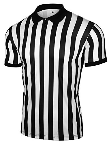 FitsT4 Men's Official Black & White Stripe Referee Shirt Zipper Collared V-Neck Short Sleeve Umpire Jersey Costume Pro Ref Uniform for Soccer Basketball Football