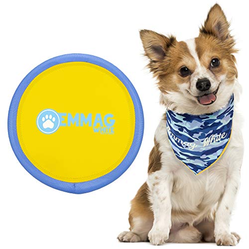 Flying Frisbee Collar Toy for Dogs - Large Tough Durable Soft Frisbee Dog Toys Color Blue And Yellow And Collar Dog Bandana Triangle Bib Washable Scarf For Small Medium Size Dogs Accessories For Dogs