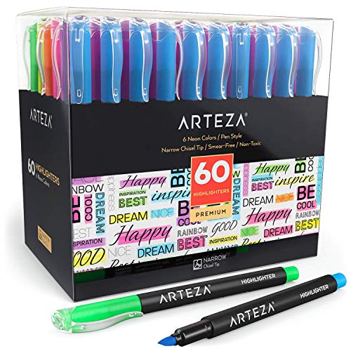 Arteza Highlighters, Set of 60, 12 Assorted Colors, Narrow Chisel Tip Markers, Bulk Pack of Neon Markers, Office Supplies for School, Office, or Home