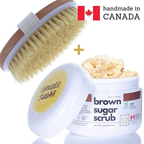 WNOPA Sugar Scrub Body Exfoliator + Dry Brushing Body Scrub Brush - Ginger Face Body Exfoliating Scrub with 100% Natural Botanics - Handmade in Canada - 8 oz + Body Scrub Brush…