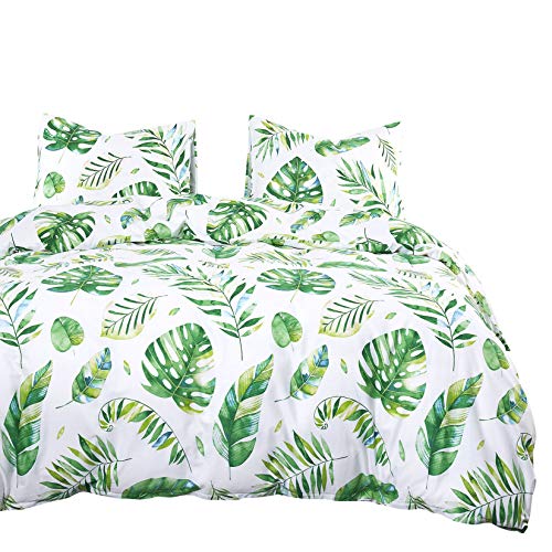 Book Cover Wake In Cloud - Tree Leaves Comforter Set, 100% Cotton Fabric with Soft Microfiber Fill Bedding, Green Monstera Plant Banana Leaves Pattern Printed on White (3pcs, Queen Size)