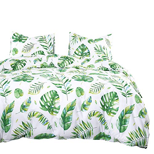 Wake In Cloud - Tree Leaves Comforter Set, 100% Cotton Fabric with Soft Microfiber Fill Bedding, Green Monstera Plant Banana Leaves Pattern Printed on White (3pcs, Queen Size)