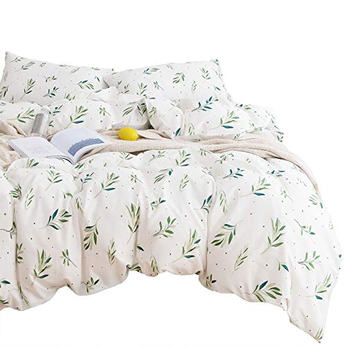 Book Cover Wake In Cloud - Tree Leaves Comforter Set, 100% Cotton Fabric with Soft Microfiber Fill Bedding, Green Botanical Plant Leaves Dots Pattern Printed on White (3pcs, King Size)