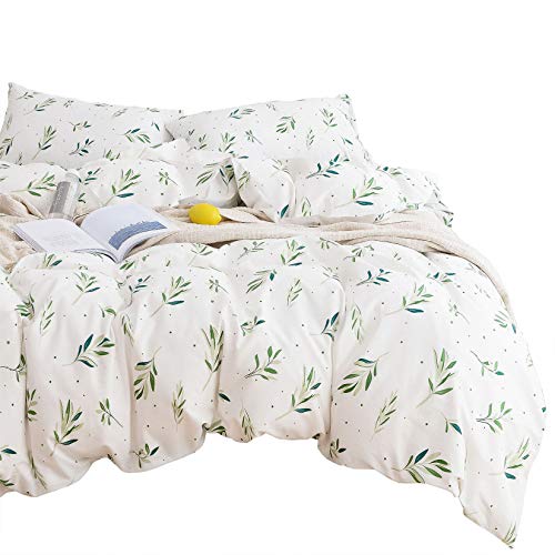 Wake In Cloud - Tree Leaves Comforter Set, 100% Cotton Fabric with Soft Microfiber Fill Bedding, Green Botanical Plant Leaves Dots Pattern Printed on White (3pcs, King Size)