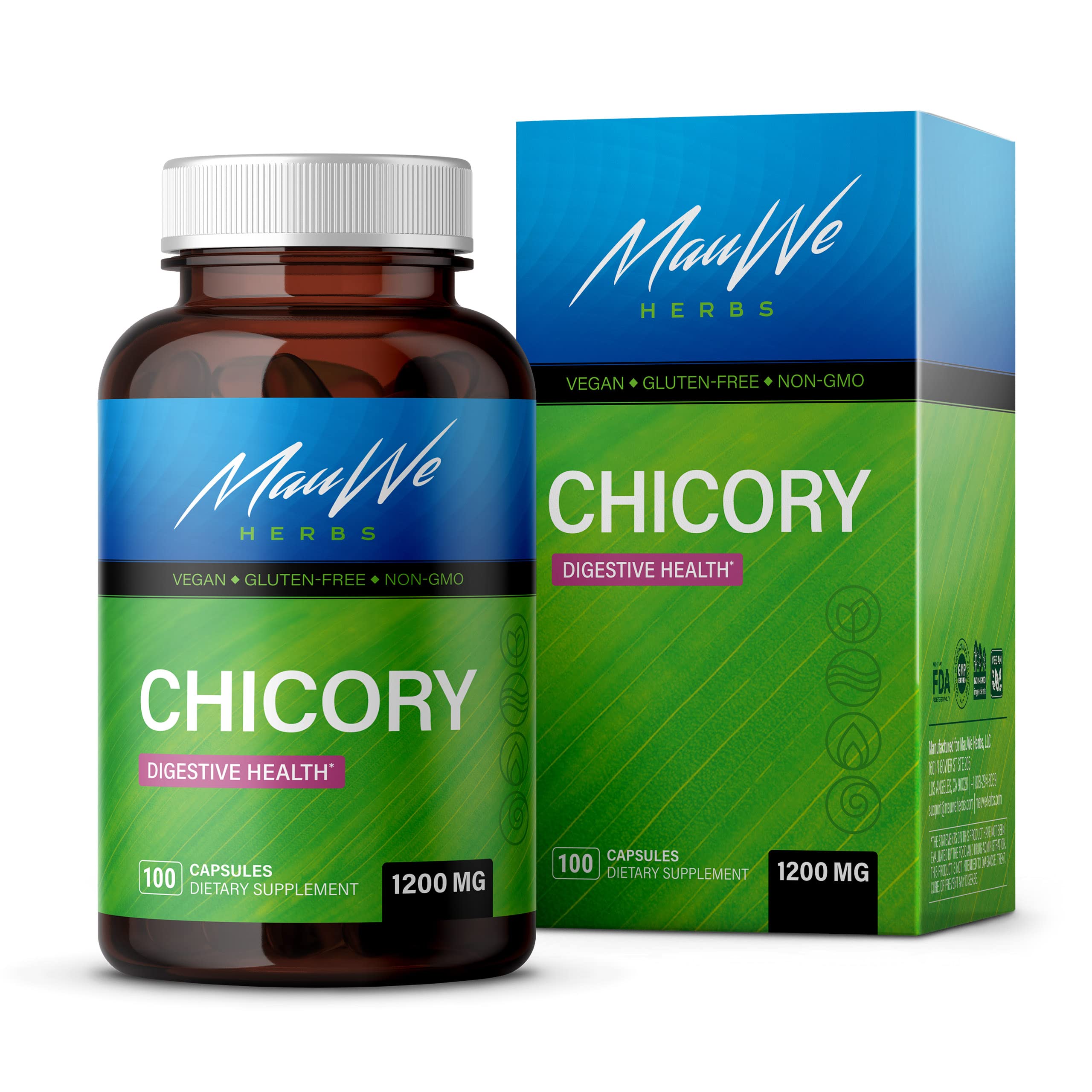 MAUWE HERBS Chicory Root Fiber Capsules - Organic Chicory Root Inulin Pills for Digestive Support - Chicory Powder Herbal Supplement - Vegan - 1200mg, 100 Caps 100 Count (Pack of 1)