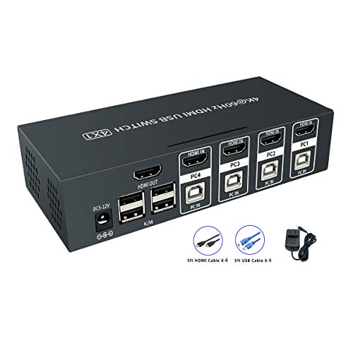 Book Cover 4 Port HDMI KVM Switch Box,Support High Resolution 4Kx2K@60Hz,3D,1080P,with USB and HDMI 2.0 Cables Kit,Compatible with Various Systems