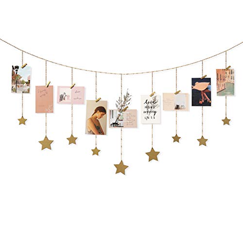 Book Cover Mkono Hanging Photo Display Wooden Stars Garland with Metal Chains Picture Frame Collage with 25 Wood Clips Wall Art Decoration for Home Office Nursery Room Dorm Christmas Card Display, Gold
