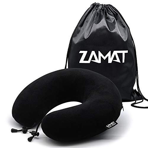 ZAMAT Breathable & Comfortable Memory Foam Travel Pillow, Adjustable Travel Neck Pillow for Airplane Travel, 360° Stable Neck Support Airplane Pillow with Soft Velour Cover, Portable Bag (Black)