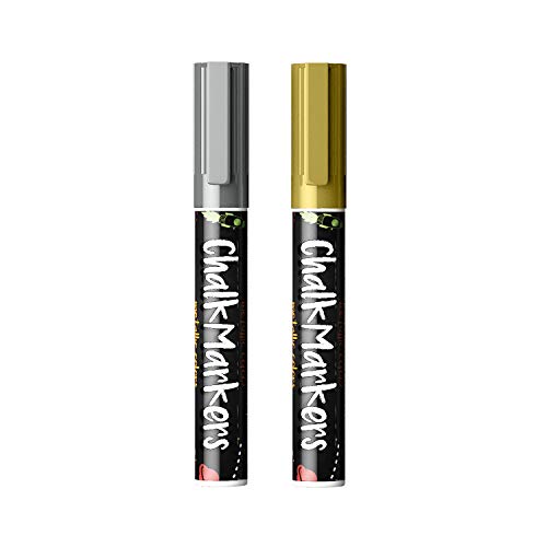 Metallic Silver & Gold Chalk Markers - Pack of 2 Chalk Pens - for Chalkboard, Bistro, Window | Non-Toxic Wet Wipe Erasable - 6mm Reversible Bullet & Chisel Tip