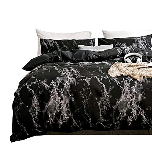 Book Cover Spring Meow Queen Size Duvet Cover Black Marble Bedding Set with Cooling and Soft Brushed Microfiber, 3 Pieces(1 Duvet Cover + 2 Pillowcases, 90×90 inches)