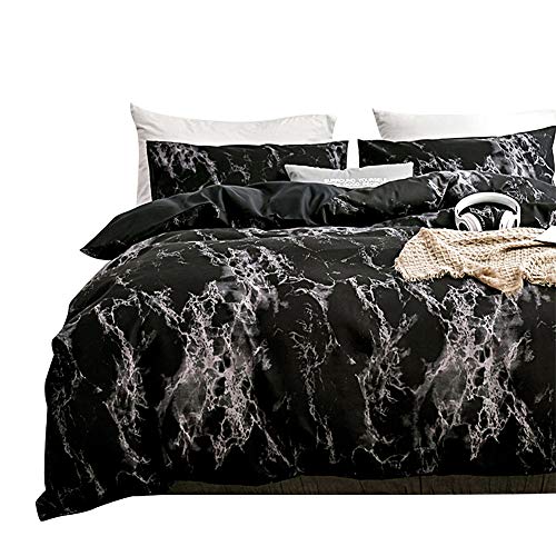 Spring Meow Queen Size Duvet Cover Black Marble Bedding Set with Cooling and Soft Brushed Microfiber, 3 Pieces(1 Duvet Cover + 2 Pillowcases, 90×90 inches)