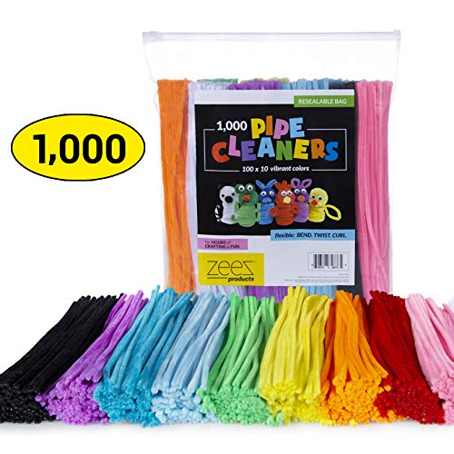 Zees 1,000 Pipe Cleaners in 10 Assorted Colors, Value Pack of Chenille Stems for DIY Arts and Craft Projects and Decorations - 6mm x 12 Inches