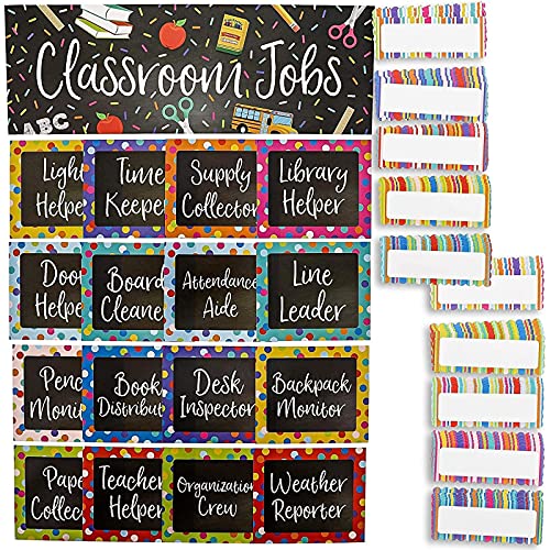 Classroom Job Chart Set with Name Tags for Bulletin Boards (17.5 x 6 in, 66 Pieces)
