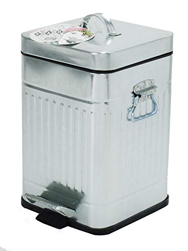 Elaine Karen Deluxe Galvanized Steel Step Foot Pedal Retro Garbage Trash Can – 5 Liter - Square - Silver