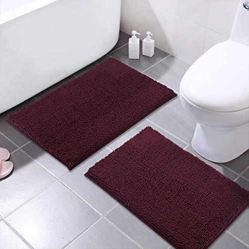 MAYSHINE Chenille Bathroom Rugs Extra Soft and Absorbent Shaggy Bath Mats Machine Wash/Dry, Perfect Plush Carpet Mat for Kitchen Tub, Shower, and Doormats (2 Pack - 20x32 Inches, Burgundy)