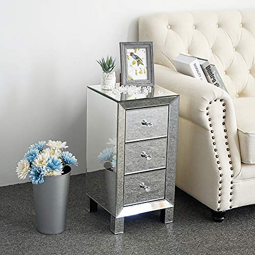 Book Cover Bonnlo 3-Drawer Mirrored Nightstand End Tables Bedside Table for Bedroom, Living Room, Silver, 11.7