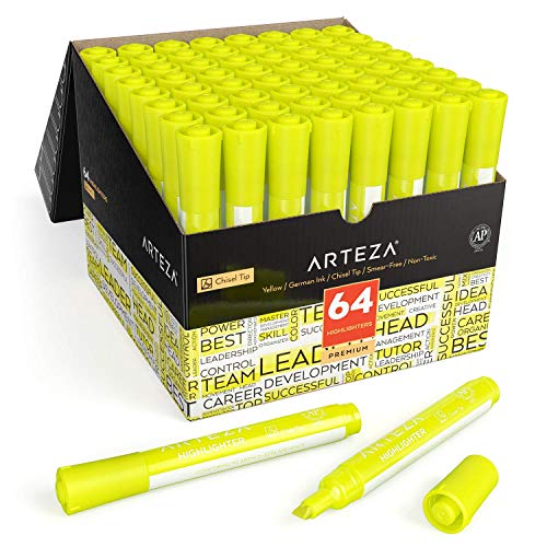 Book Cover Arteza Yellow Highlighters, Pack of 64, Wide Chisel Tip Markers, Bulk Pack of Colored Highlighter Markers, Office Supplies for Exams, School, Office, Home
