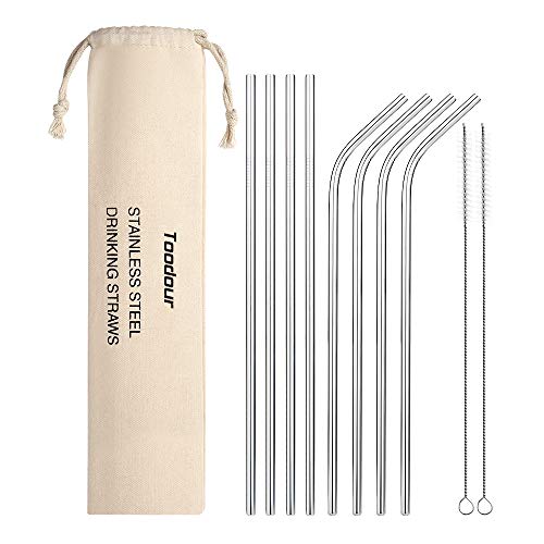 Book Cover Toodour Metal Straws Reusable 8 Set, Stainless Steel Drinking Straws with 2 Cleaning Brush for Cocktail, Drinks, Smoothie, Milk, Juices, Environment Friendly for Daily Life