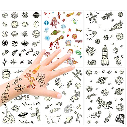 Book Cover 150PCS Glow in the Dark Space Tattoo for Kids, Konsait Luminous Solar System Universe Outer Space Temporary Tattoos for Boys Girls Stockings Stuffers Goody Filler Birthday Party Favor Supplies