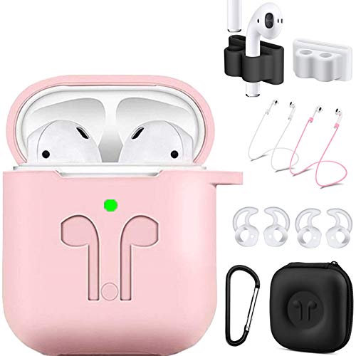 AirPods Case Compatible Apple AirPods 2&1 ,9 in 1 AirPods Accessories Set Protective Cover and Silicone Skin with Earpods Keychain/Strap/Ear Hook/Carrying Box-Pink