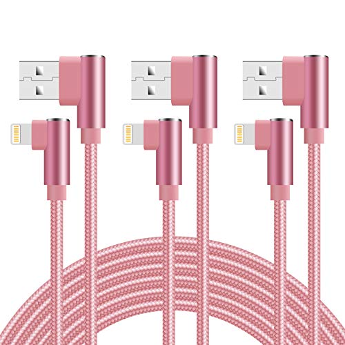 iPhone Charger 10ft 90 Degree Lightning Cable 3 Pack iPhone Charging Cable Right Angle Nylon Braided Fast Charger Cord Compatible with iPhone 14/13/12/11/Xs/XR X/8/7 (Rose Gold)