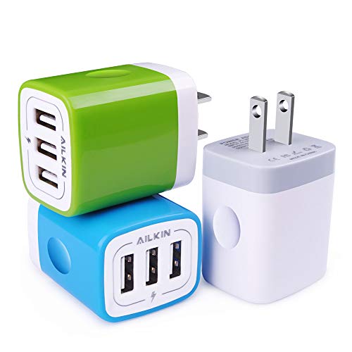USB Plug in Wall Charger, Charging Block, 3Pack Ailkin 3.1A Fast Charge 3- Port Power Adapter Cube Box Brick Base Compatible with iPhone, iPad, LG, Honor, Samsung, Kindle Fire, Blue, All USB