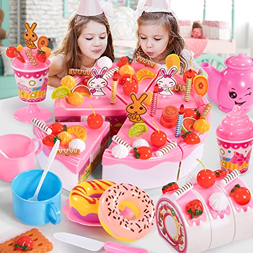 TEMI Pretend Birthday Cake for Kids, DIY 99 PCS Decorating Party Play Food Toys Set w/Candles Fruit Dessert, Educational Kitchen Toy for Children, Toddlers, Boys & Girls, Aged 3 4 5 Year Old