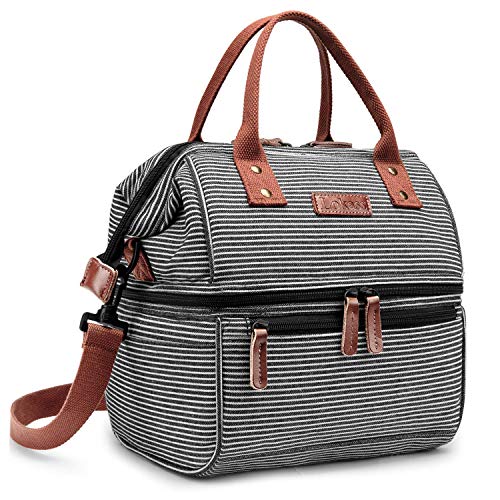 DTBG Lunch Bags for Women Wide Open Insulated Lunch Box With Double Deck Large Capacity Cooler Tote Bag With Removable Shoulder Strap Lunch Organizer For Outdoor/Work(Black+White)