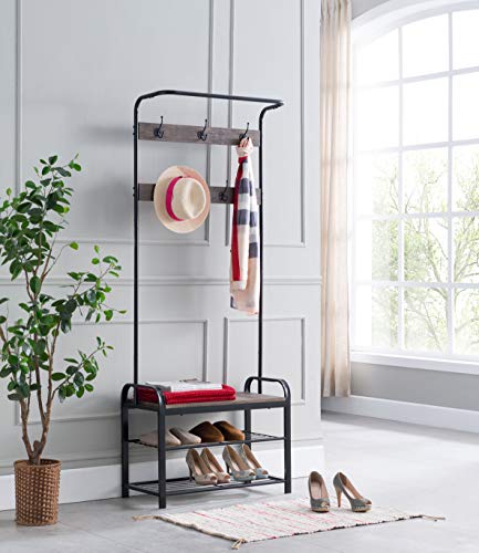 eHomeProducts Vintage Dark Brown Entryway Shoe Bench with Coat Rack Hall Tree Storage Shelf Organizer 10 Hooks in Black Metal Finish