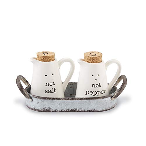 Mud Pie 40250009 Farmhouse Inspired Ceramic Aluminum Salt and Pepper Caddy Set, One size, White
