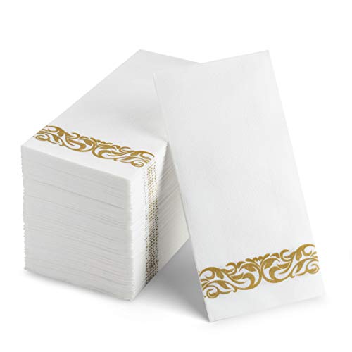Munfix 100 Disposable Guest Towels Soft and Absorbent Linen-Feel Paper Hand Towels Durable Decorative Bathroom Hand Napkins Good for Kitchen, Parties, Weddings, Dinners or Events White and Gold