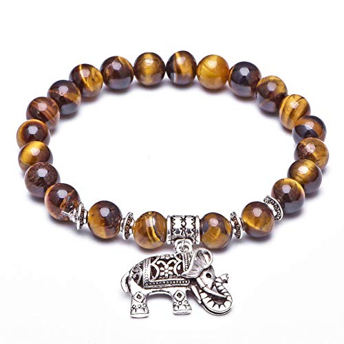 Natural Tiger Eye Crystal Bracelet with Thai Elephant Adornment, Blessed by Thai Eminent Monk- Brings Luck and Prosperity (8MM)