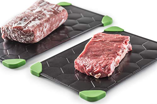 2X Defrosting Tray for Frozen Food (Size L & M) - Super Fast Thawing Tray for Frozen Meat with Extra Tongs + Silicon Brush for Cleaning - Eco Friendly Meat Defroster - Thawing Plate with Drip Tray