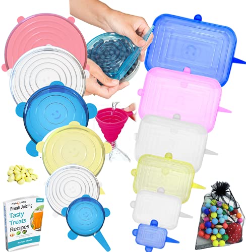 Bundle 21PCS - 18pcs Silicone Stretch Lids and 4 Bonus, Various Sizes and Shape of Containers,Reusable, Durable and Expandable Food Covers As Seen On TV,Keeping Food Fresh, Dishwasher and Freeze