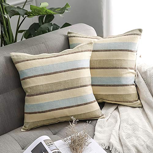 Book Cover MIULEE Pack of 2 Decorative Classic Retro Stripe Throw Pillow Covers Linen Modern Farmhouse Pillow Case Blue and Tan Cushion Case for Sofa Bedroom Car 18 x 18 Inch 45 x 45 cm
