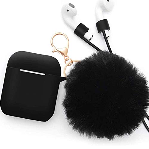 for Airpods Case - Bluewind Drop Proof Air Pods Protective Case Cover Silicone Skin, with Cute Fur Ball Airpods Keychain/Strap, Portable Apple Airpods Accessories (Black)
