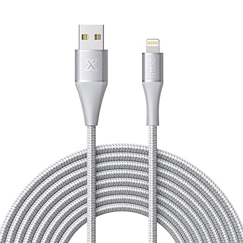 Xcentz iPhone Charger 10ft, MFi Certified Lightning Cable, Braided Nylon High-Speed iPhone Cable with Premium Metal Connector for iPhone 11/X/XS/XR/XS Max/8/7/6/5S/SE, iPad Mini/Air, Silver
