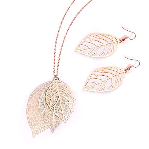 NVENF Leaf Earrings and Long Necklaces Set for Women Boho Gold-tone Multi Tiered Leaves Delicate Chain Dangle Necklace SimpleLeaf Statement Dangling Earrings